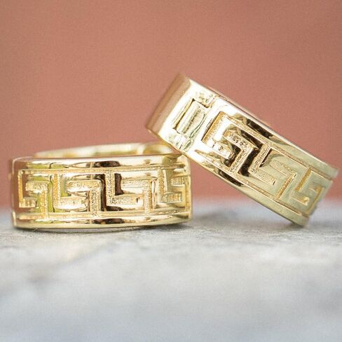 Small Solid 14K Yellow Gold 925 Sterling Silver Men's Women's Trendy Hypoallergenic Unisex Greek Key Pattern Huggie Hoop Earrings Jewelry Gifts for Men Women in Saudi Arabia