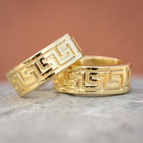 Small Solid 14K Yellow Gold 925 Sterling Silver Men's Women's Trendy Hypoallergenic Unisex Greek Key Pattern Huggie Hoop Earrings Jewelry Gifts for Men Women in Saudi Arabia