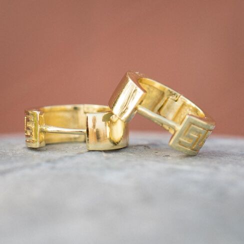 Small Solid 14K Yellow Gold 925 Sterling Silver Men's Women's Trendy Hypoallergenic Unisex Greek Key Pattern Huggie Hoop Earrings Jewelry Gifts for Men Women in Saudi Arabia