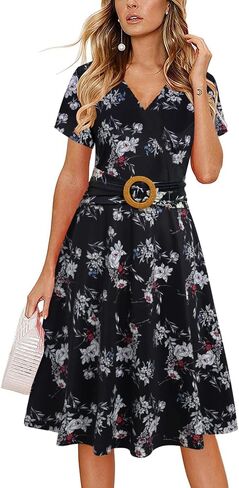 Women's Elegant Criss-Cross V Neck Vintage Short Sleeve Work Casual Fit and Flare Tea Dress with Pockets 980 in Saudi Arabia