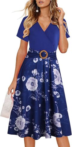 Women's Elegant Criss-Cross V Neck Vintage Short Sleeve Work Casual Fit and Flare Tea Dress with Pockets 980 in Saudi Arabia