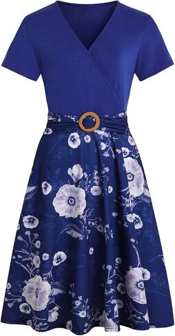 Women's Elegant Criss-Cross V Neck Vintage Short Sleeve Work Casual Fit and Flare Tea Dress with Pockets 980 in Saudi Arabia