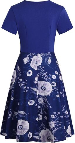 Women's Elegant Criss-Cross V Neck Vintage Short Sleeve Work Casual Fit and Flare Tea Dress with Pockets 980 in Saudi Arabia