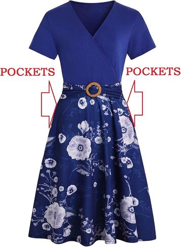 Women's Elegant Criss-Cross V Neck Vintage Short Sleeve Work Casual Fit and Flare Tea Dress with Pockets 980 in Saudi Arabia