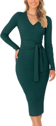 Yuanlar Women's Elegant V Neck Long Sleeve Bow Ties Knitted Bodycon Slim Fit Midi Dress Pencil Dress in Saudi Arabia