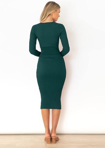 Yuanlar Women's Elegant V Neck Long Sleeve Bow Ties Knitted Bodycon Slim Fit Midi Dress Pencil Dress in Saudi Arabia