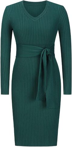 Yuanlar Women's Elegant V Neck Long Sleeve Bow Ties Knitted Bodycon Slim Fit Midi Dress Pencil Dress in Saudi Arabia