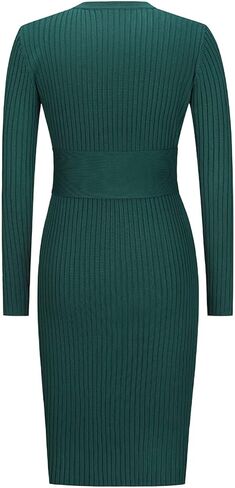 Yuanlar Women's Elegant V Neck Long Sleeve Bow Ties Knitted Bodycon Slim Fit Midi Dress Pencil Dress in Saudi Arabia