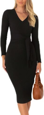 فستان نسائي أنيق من Yuanlar برقبة على شكل حرف V وأكمام طويلة وربطات عنق محبوكة ضيقة ومقاس متوسط ​​الطول in Kuwait