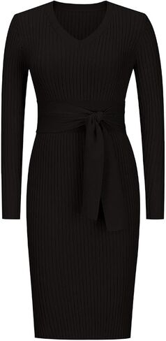 فستان نسائي أنيق من Yuanlar برقبة على شكل حرف V وأكمام طويلة وربطات عنق محبوكة ضيقة ومقاس متوسط ​​الطول in Kuwait