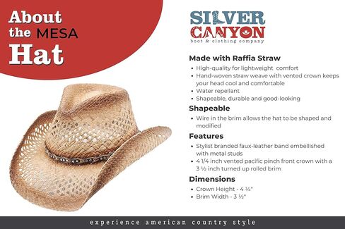 قبعة ميسا رافيا سترو الغربية كاوبوي الصيفية للشمس من سيلفر كانيون، طبيعية in Kuwait