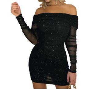 Darupo Women’s Sexy Sequin Mesh Off Shoulder Long Sleeve Ruched Mini Bodycon Dress Glitter Party Club Cocktail Dresses