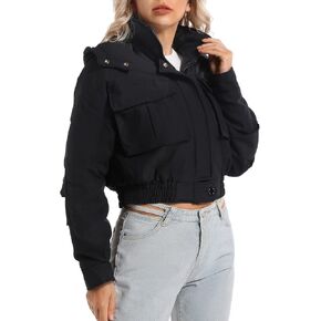 Women's Winter Hooded Cropped Quilted Padding Bomber Jacket Zip Up Outerwear Windbreaker with Big Pockets in Kuwait
