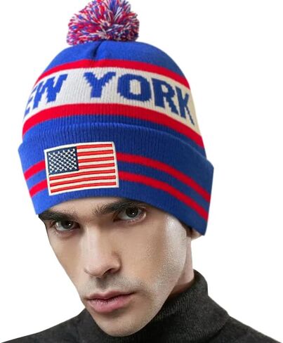 Dutern US Flag New York City Hockey Embroidery Classic Pom Cuff New York Beanie Hat Cuffed Winter Hat Knit Toque Skull Cap in Kuwait