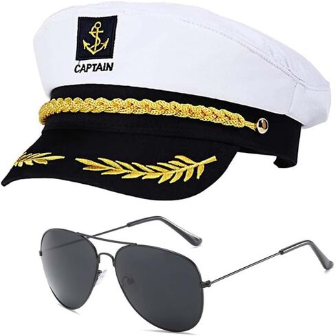 YEMYIQZ 2pcs Men Captain Hat Cap Sunglasses Boat Ship Navy Marine Admiral Yacht Sailors Hat Adjustable Halloween Costume in Kuwait