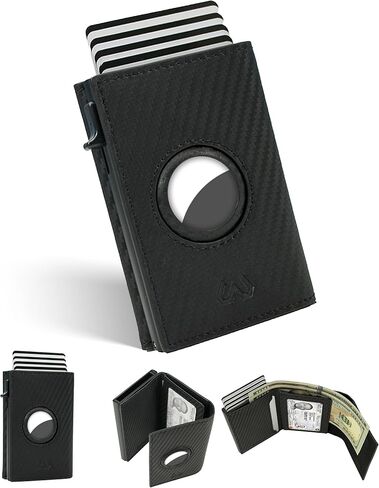 محفظة EMPWT الذكية للرجال مع حامل AirTag، ألياف الكربون، حجب RFID، رفيعة، سعة البطاقة 1-12، نافذة الهوية، فتحة للنقود (محفظة AirTag، أسود) in Kuwait