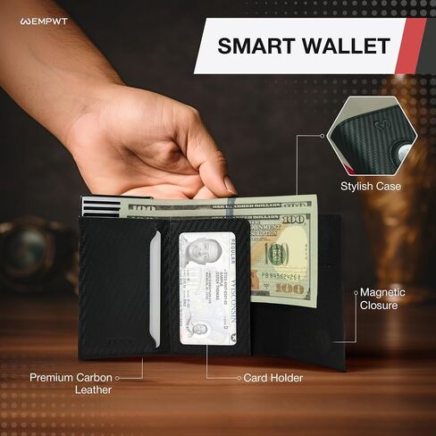 محفظة EMPWT الذكية للرجال مع حامل AirTag، ألياف الكربون، حجب RFID، رفيعة، سعة البطاقة 1-12، نافذة الهوية، فتحة للنقود (محفظة AirTag، أسود) in Kuwait