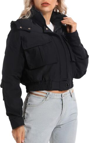 Women's Winter Hooded Cropped Quilted Padding Bomber Jacket Zip Up Outerwear Windbreaker with Big Pockets in Kuwait