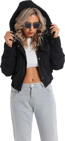 Women's Winter Hooded Cropped Quilted Padding Bomber Jacket Zip Up Outerwear Windbreaker with Big Pockets in Kuwait