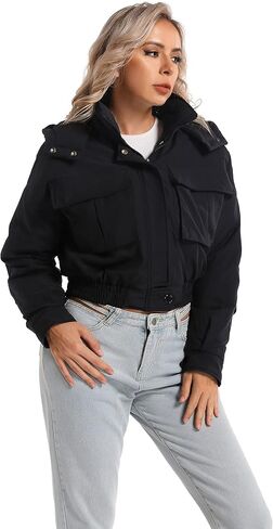 Women's Winter Hooded Cropped Quilted Padding Bomber Jacket Zip Up Outerwear Windbreaker with Big Pockets in Kuwait
