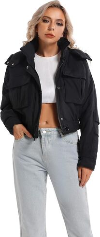 Women's Winter Hooded Cropped Quilted Padding Bomber Jacket Zip Up Outerwear Windbreaker with Big Pockets in Kuwait