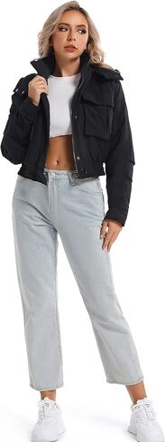 Women's Winter Hooded Cropped Quilted Padding Bomber Jacket Zip Up Outerwear Windbreaker with Big Pockets in Kuwait