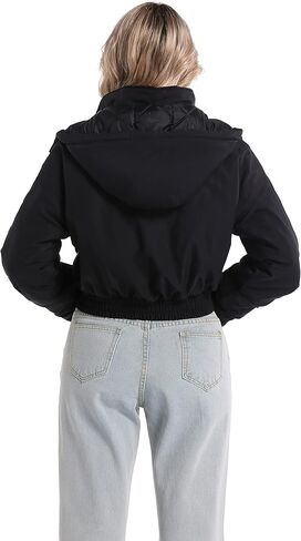Women's Winter Hooded Cropped Quilted Padding Bomber Jacket Zip Up Outerwear Windbreaker with Big Pockets in Kuwait