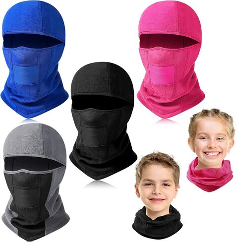 JaGely 4 Pcs Kids Balaclava Ski Mask Face Mask for Girls Boys Winter Hat Kids Helmet Girls Fleece Neck Warmer Gaiter Windproof Face Warmer for Cold Weather, Black, Blue, Rose Pink and Grey in Saudi Arabia