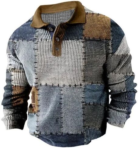 ShallWe Men's Polo Shirt Long Sleeve Lightweight Button Color Block Patchwork Casual T-Shirt Fashion Tee Streetwear Golf in Kuwait