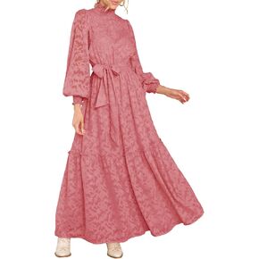 MITILLY Women's Fall Dresses Elegant Floral High Neck Long Sleeve Elastic Waist Formal Maxi Dress with Belt in Kuwait