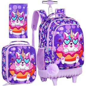 AGSDON 3PCS Rolling Backpack for Boys, Kids Roller Wheels Bookbag, Wheeled School Bag with Lunch Bag - Dinosaur