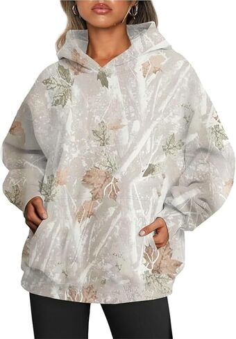 سترة Epsion النسائية ذات الأكمام الطويلة ذات القلنسوة ذات الأكمام الطويلة وطباعة أوراق القيقب، بلوفر مموه كاجوال in Kuwait