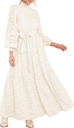 MITILLY Women's Fall Dresses Elegant Floral High Neck Long Sleeve Elastic Waist Formal Maxi Dress with Belt in Saudi Arabia
