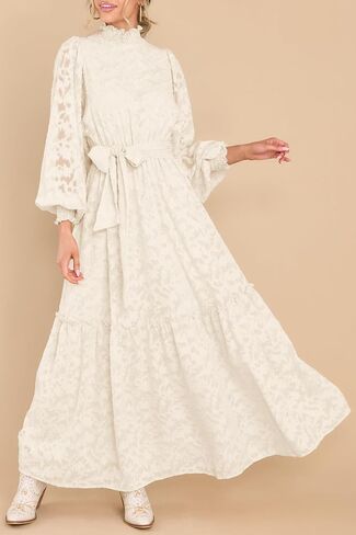 MITILLY Women's Fall Dresses Elegant Floral High Neck Long Sleeve Elastic Waist Formal Maxi Dress with Belt in Saudi Arabia