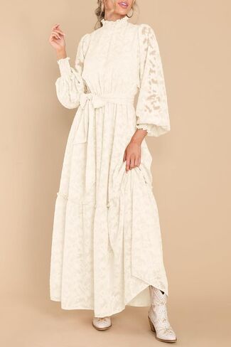 MITILLY Women's Fall Dresses Elegant Floral High Neck Long Sleeve Elastic Waist Formal Maxi Dress with Belt in Saudi Arabia