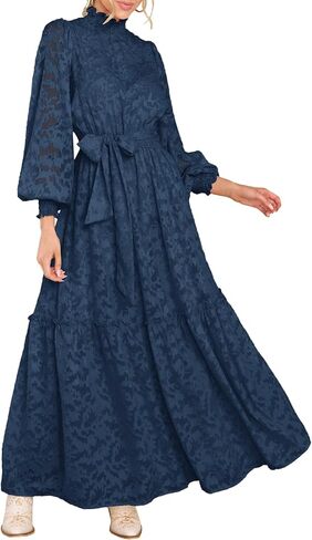 MITILLY Women's Fall Dresses Elegant Floral High Neck Long Sleeve Elastic Waist Formal Maxi Dress with Belt in Saudi Arabia