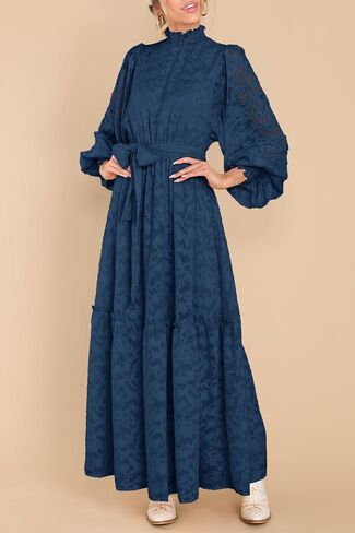MITILLY Women's Fall Dresses Elegant Floral High Neck Long Sleeve Elastic Waist Formal Maxi Dress with Belt in Saudi Arabia