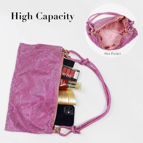 حقيبة هوبو من حجر الراين للنساء من باونمي، محفظة فضية من حجر الراين وحقيبة يد مسائية ومحفظة كلوث لامعة لحفلات الزفاف والنوادي in Kuwait