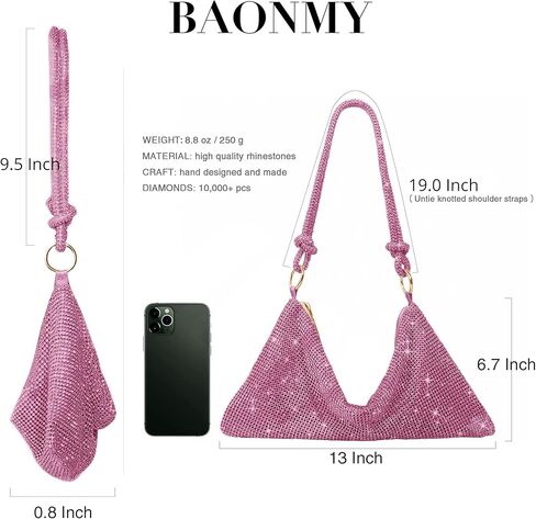 حقيبة هوبو من حجر الراين للنساء من باونمي، محفظة فضية من حجر الراين وحقيبة يد مسائية ومحفظة كلوث لامعة لحفلات الزفاف والنوادي in Kuwait