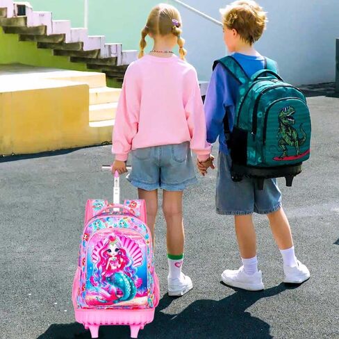 AGSDON 3PCS Rolling Backpack for Boys, Kids Roller Wheels Bookbag, Wheeled School Bag with Lunch Bag - Dinosaur in Kuwait