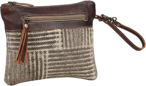 Myra Bag Puzzled Upcycled Canvas & Leather Pouch Wristlet Bag S-1565 in Saudi Arabia