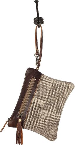 Myra Bag Puzzled Upcycled Canvas & Leather Pouch Wristlet Bag S-1565 in Saudi Arabia