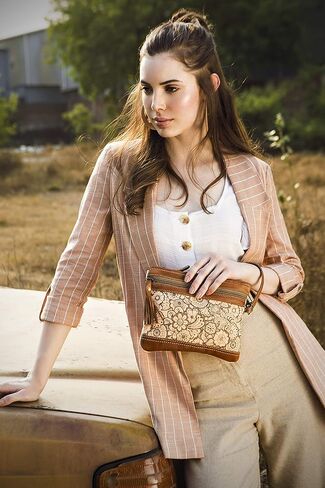 Myra Bag Orange Sparsh Upcycled Canvas & Leather Pouch Wristlet Bag S-1585 in Saudi Arabia