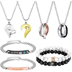 8 Pieces Couples Necklace Bracelet Matching Bracelets Set for Women Men, Her King His Queen I Love You Heart Crown Necklaces Boyfriend Girlfriend for Valentines Jewelry Gift