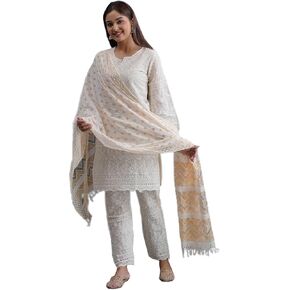 MAGHMA Chikankari Kurtis for Women Pakistani Salwar Kameez Suit Set Indian Dresses Cream White Kurti Pant & Dupatta Set