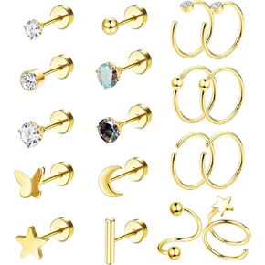 LOLIAS 18Pcs Titanium Earrings for Sensitive Ears G23 Titanium Flat Back Earrings for Women Star Moon Butterfly Hypoallergenic Flat Back Earrings Helix Piercing Jewelry