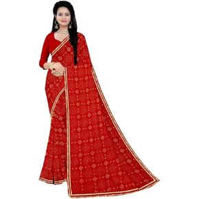 CRAZYBACHAT Women Printed (Bandhani), Lace Border Silk Saree without blouse in Saudi Arabia