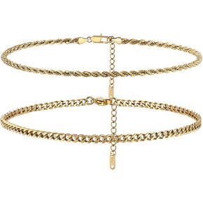 CANDYFANCY Gold Ankle Bracelets for Women Waterproof Flat Mariner Cuban Rope Snake Anklet Set Layered18K Gold Plated Foot Chain Adjustable Cuban Link Anklet for Women 2pcs 3pcs