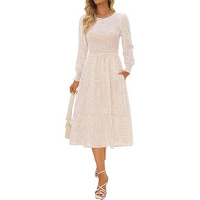 Zattcas Womens Fall Dresses 2024 Casual Long Sleeve Smocked Boho Floral Tiered Midi Wedding Guest Dress with Pockets