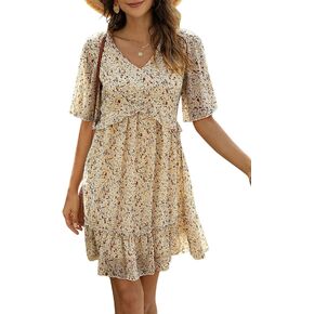 Manydress Women's Chiffon Floral Print V Neck Casual Mini Boho Ruffle Swing Dress MY068